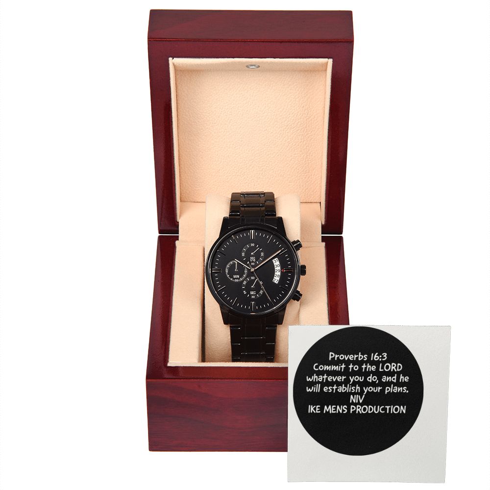 BLACK CHRONOGRAPH WATCH WITH PROVERBS