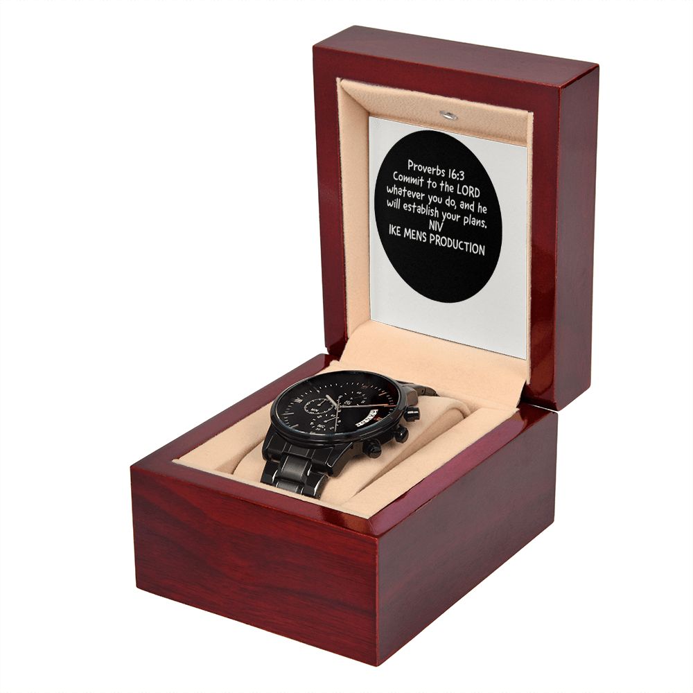BLACK CHRONOGRAPH WATCH WITH PROVERBS