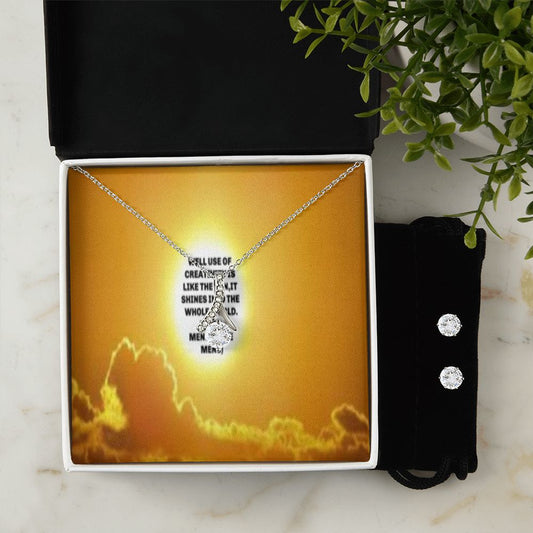 IKE MENS QUOTE ALLURING BEAUTY NECKLACE +CLEAR CZ EARRINGS