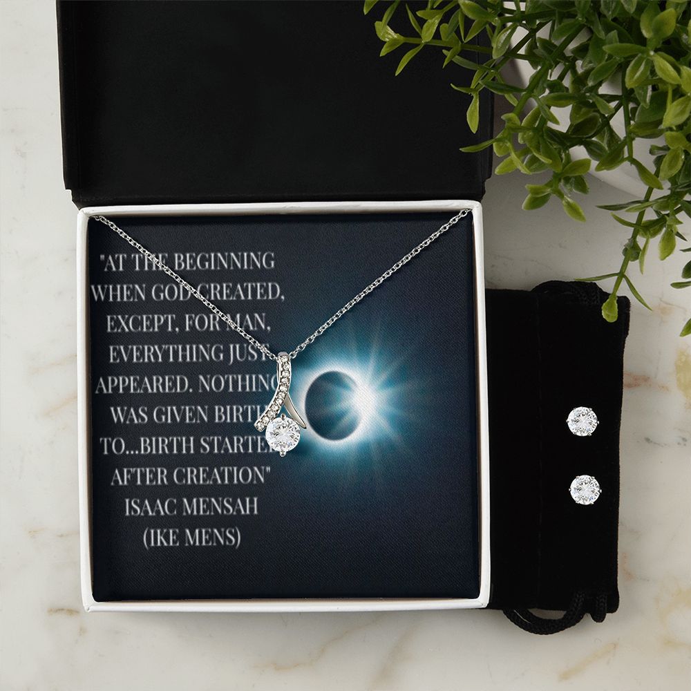 IKE MENS Quote Alluring Beauty Necklace + Clear CZ Earrings