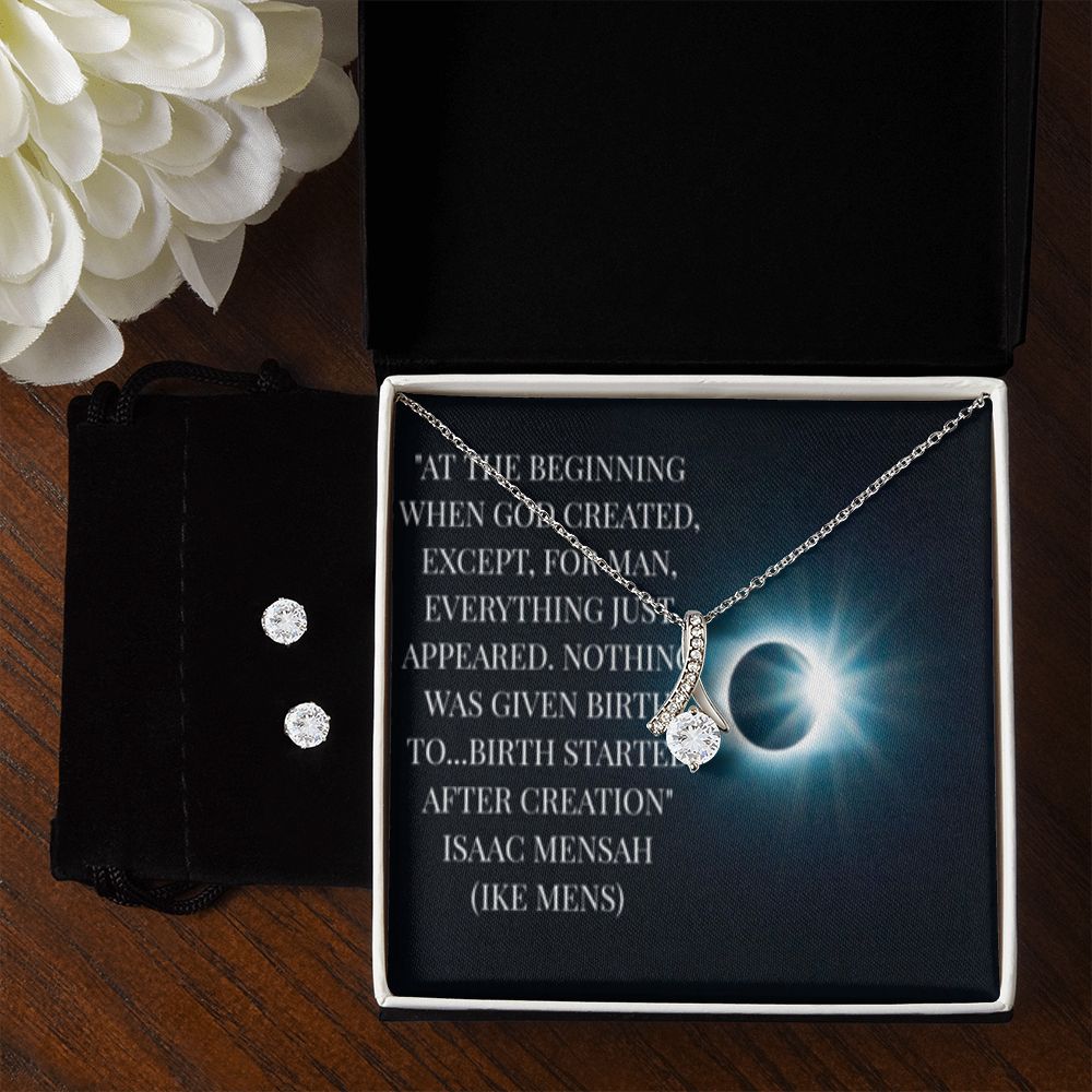 IKE MENS Quote Alluring Beauty Necklace + Clear CZ Earrings