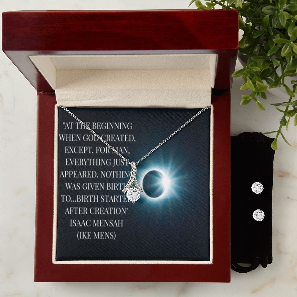IKE MENS Quote Alluring Beauty Necklace + Clear CZ Earrings