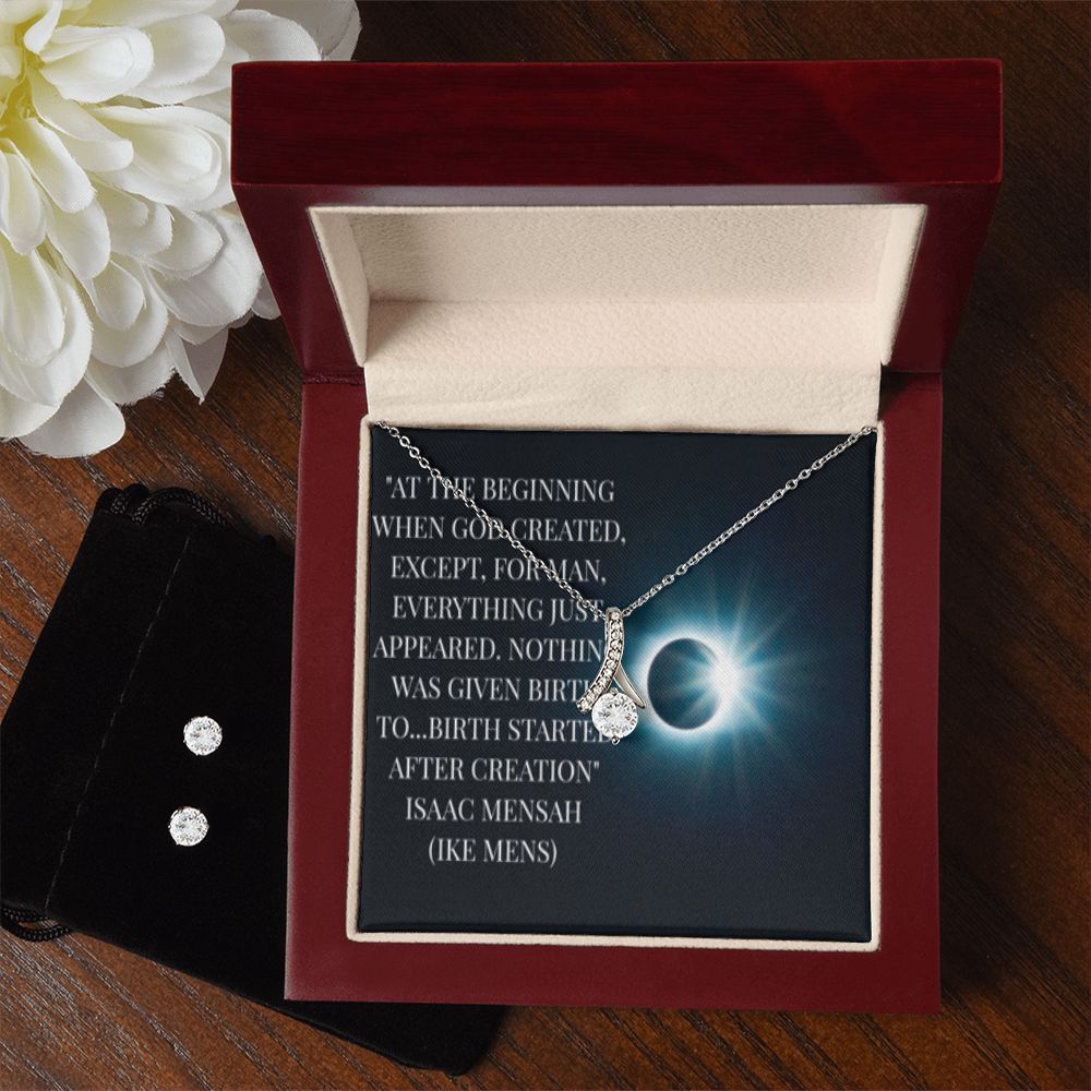 IKE MENS Quote Alluring Beauty Necklace + Clear CZ Earrings
