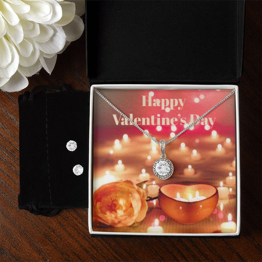 HAPPY VALENTINE'S DAY ETERNAL HOPE NECKLACE JEWELRY +CLEAR CZ EARRINGS