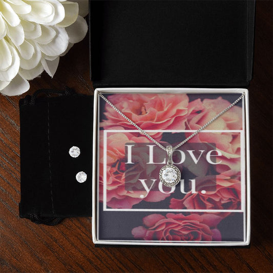 I LOVE YOU  ETERNAL HOPE NECKLACE JEWELRY +CLEAR CZ EARRINGS