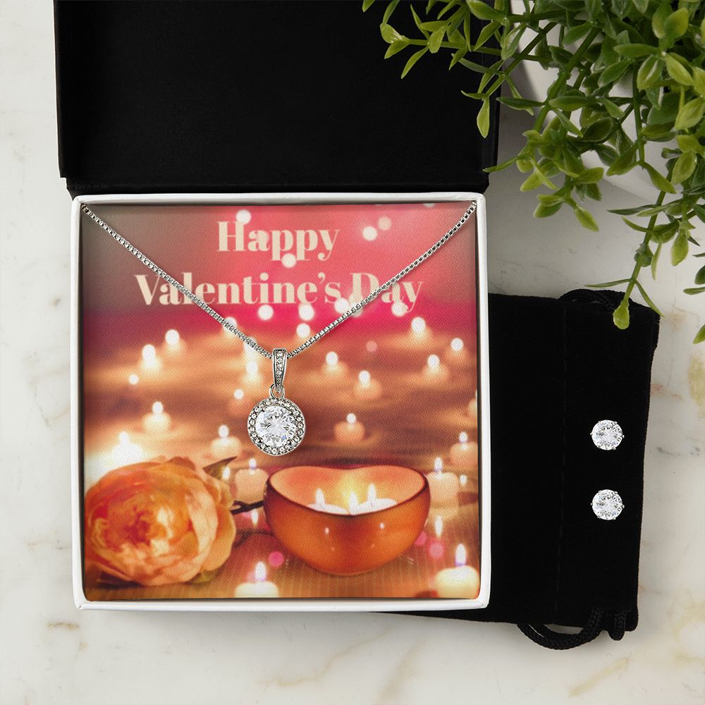 HAPPY VALENTINE'S DAY ETERNAL HOPE NECKLACE JEWELRY +CLEAR CZ EARRINGS