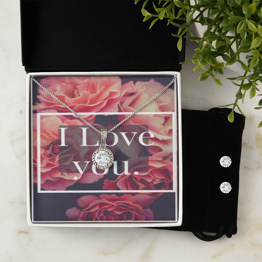 I LOVE YOU  ETERNAL HOPE NECKLACE JEWELRY +CLEAR CZ EARRINGS