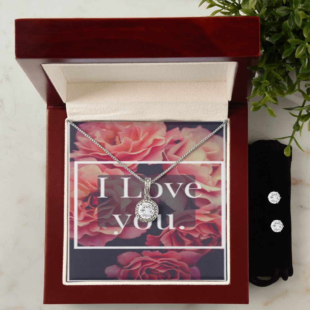I LOVE YOU  ETERNAL HOPE NECKLACE JEWELRY +CLEAR CZ EARRINGS