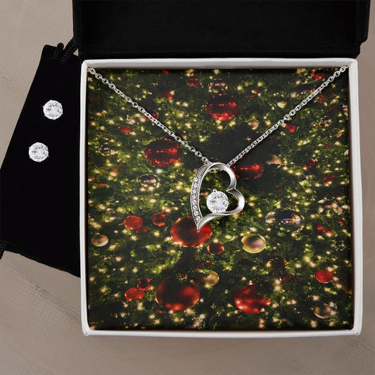 Merry Christmas Forever Love Necklace + Clear CZ Earring