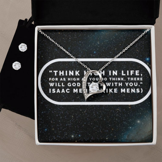 IKE MENS QUOTE FOREVER LOVE NECKLACE IN SCRIPTURE COLLAGE +CLEAR CZ EARRINGS