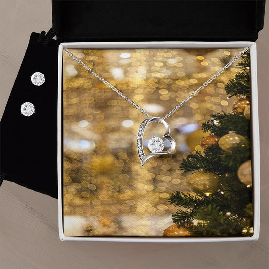Merry Christmas Forever Love Necklace + Clear CZ Earring