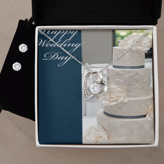 HAPPY WEDDING DAY FOREVER LOVE NECKLACE +CLEAR CZ EARRINGS