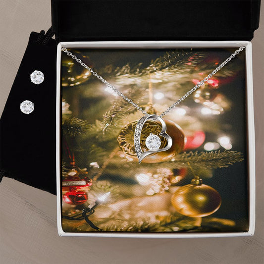 Merry Christmas Forever Love Necklace + Clear CZ Earring