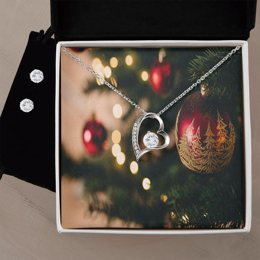 Merry Christmas Forever Love Necklace + Clear CZ Earring