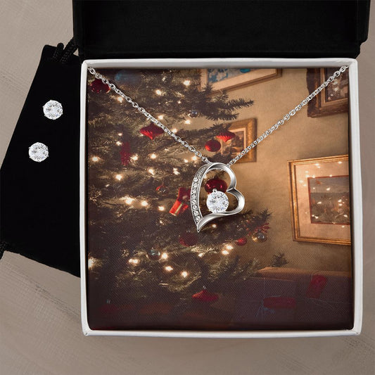 Merry Christmas Forever Love Necklace + Clear CZ Earring