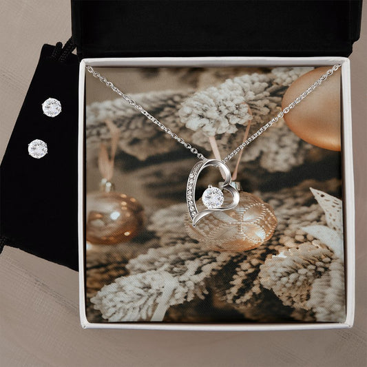 Merry Christmas Forever Love Necklace + Clear CZ Earring