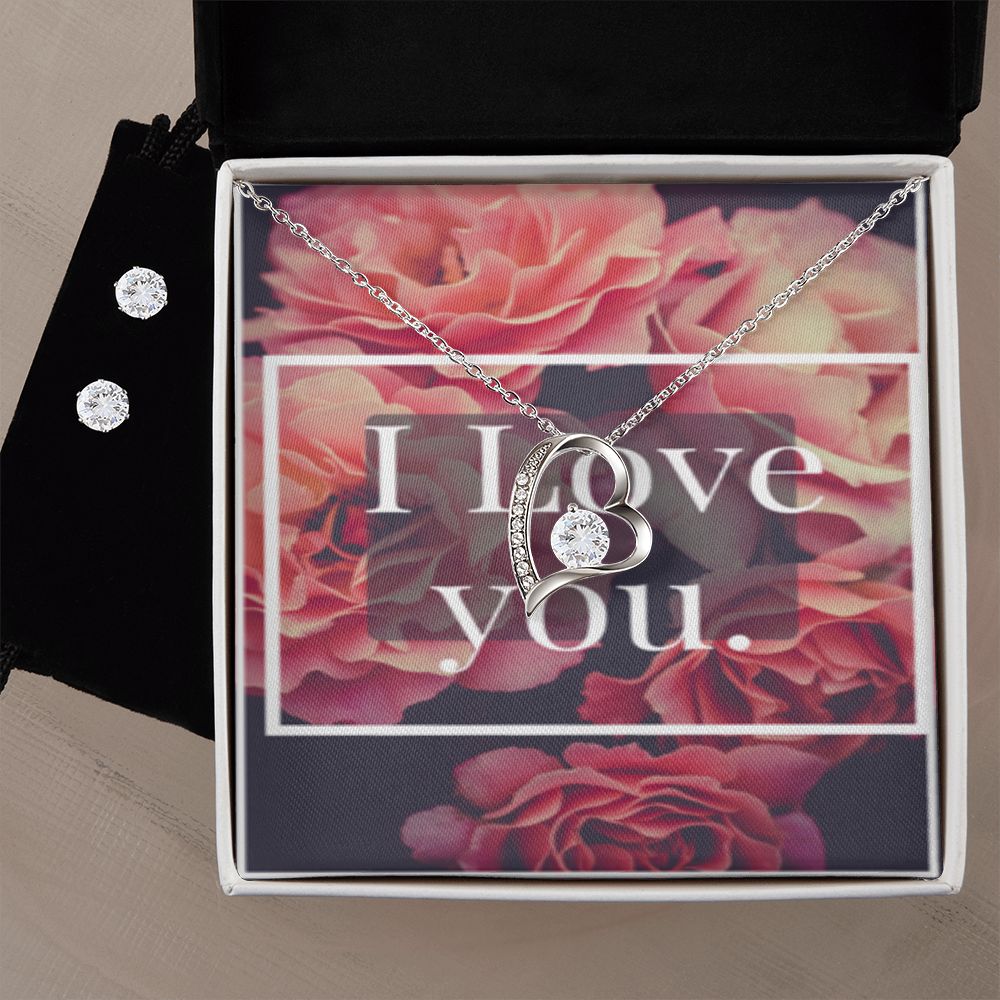 I LOVE YOU FOREVER LOVE NECKLACE +CLEARV CZ EARRINGS
