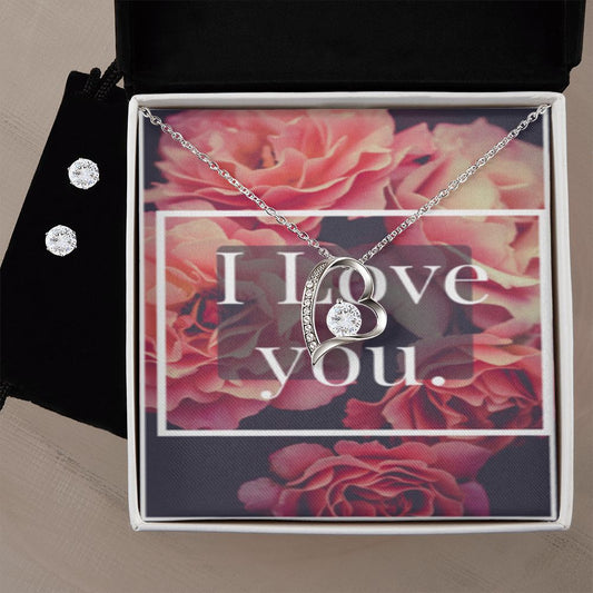 I LOVE YOU FOREVER LOVE NECKLACE +CLEARV CZ EARRINGS