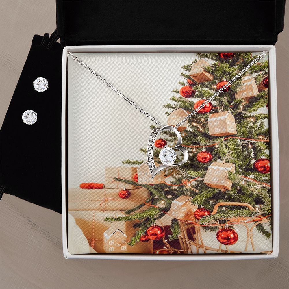Merry Christmas Forever Love Necklace + Clear CZ Earring