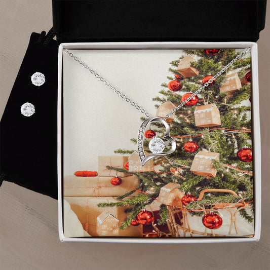 Merry Christmas Forever Love Necklace + Clear CZ Earring