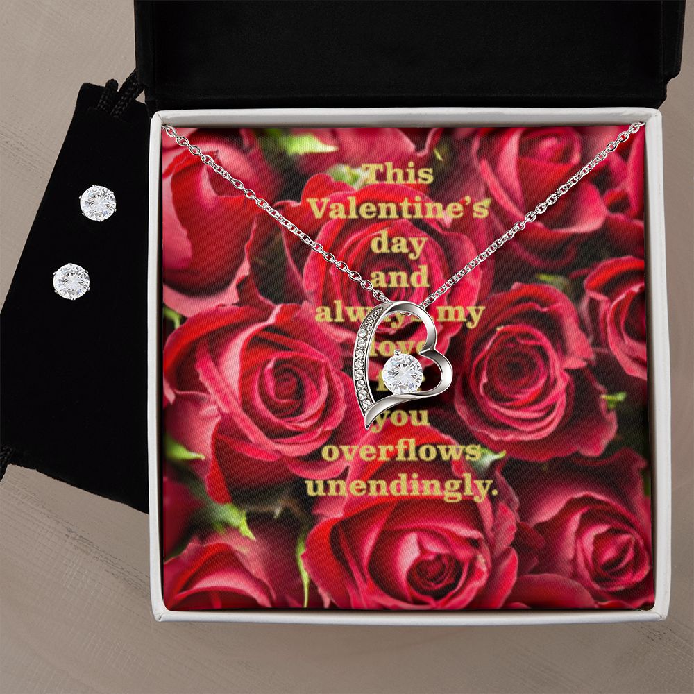 HAPPY VALENTINE'S DAY FOREVER LOVE NECKLACE +CLEAR CZ EARRINGS