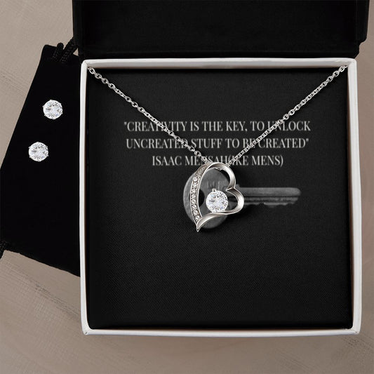 IKE MENS QUOTE FOREVER LOVE NECKLACE +CLEAR CZ EARRINGS