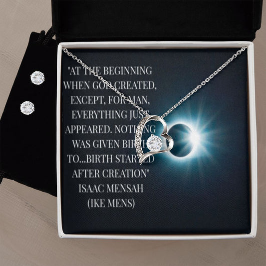 IKE MENS QUOTE FOREVER LOVE NECKLACE +CLEAR CZ EARRINGS