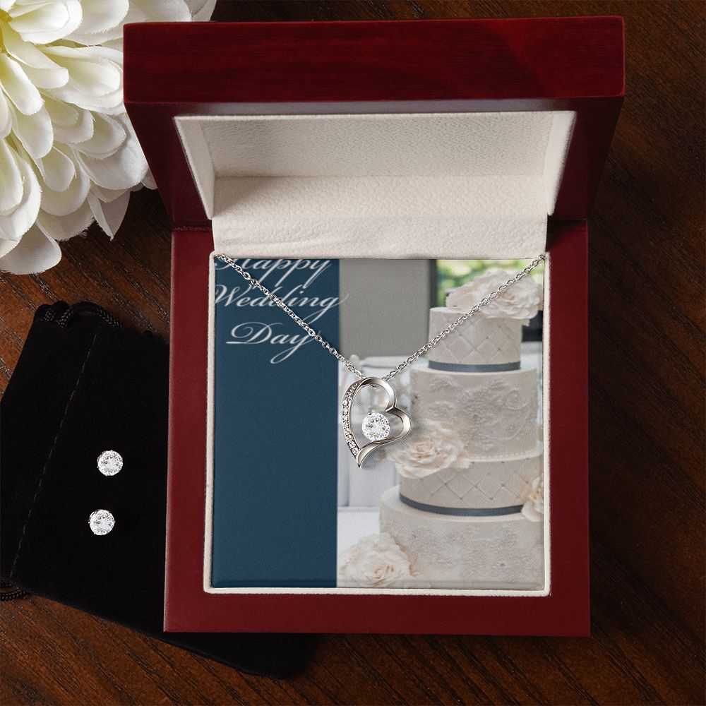HAPPY WEDDING DAY FOREVER LOVE NECKLACE +CLEAR CZ EARRINGS