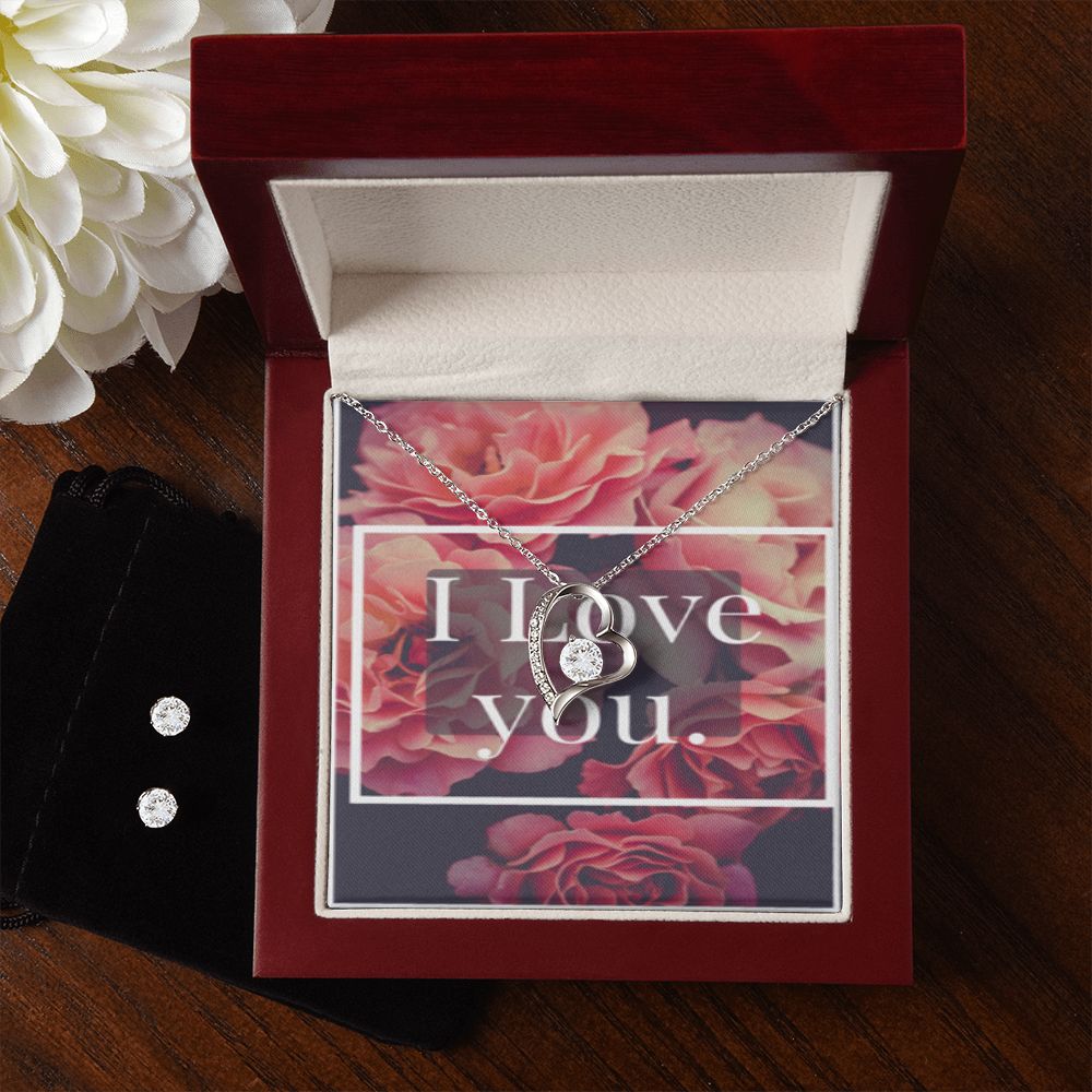 I LOVE YOU FOREVER LOVE NECKLACE +CLEARV CZ EARRINGS