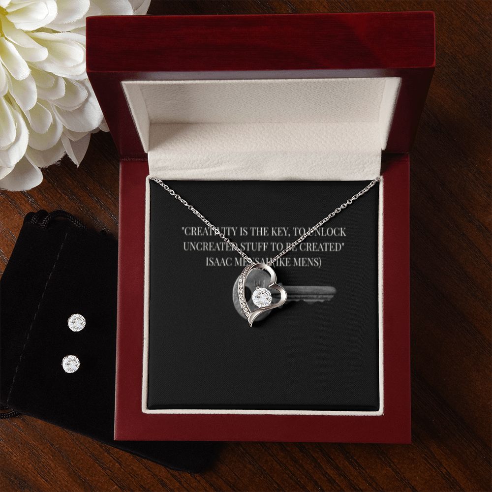 IKE MENS QUOTE FOREVER LOVE NECKLACE +CLEAR CZ EARRINGS