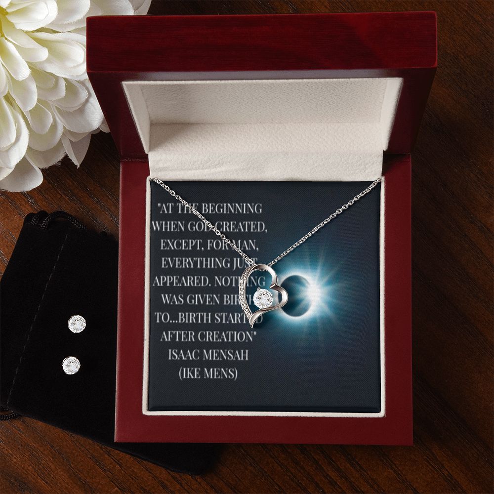 IKE MENS QUOTE FOREVER LOVE NECKLACE +CLEAR CZ EARRINGS