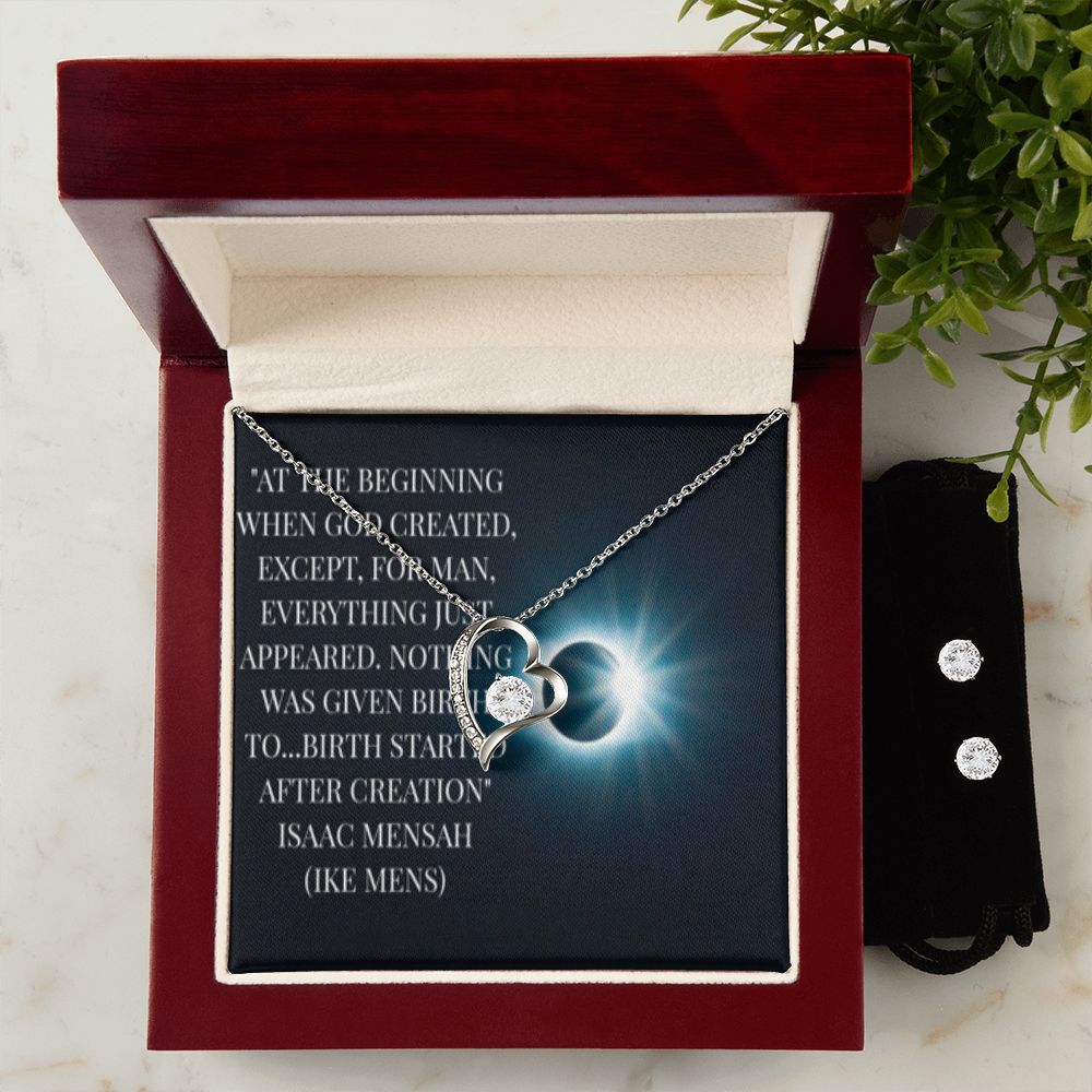 IKE MENS QUOTE FOREVER LOVE NECKLACE +CLEAR CZ EARRINGS
