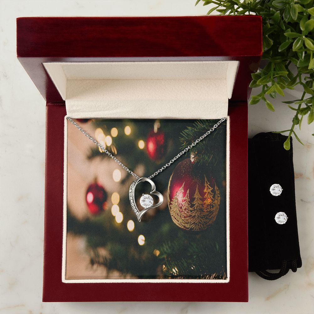 Merry Christmas Forever Love Necklace + Clear CZ Earring