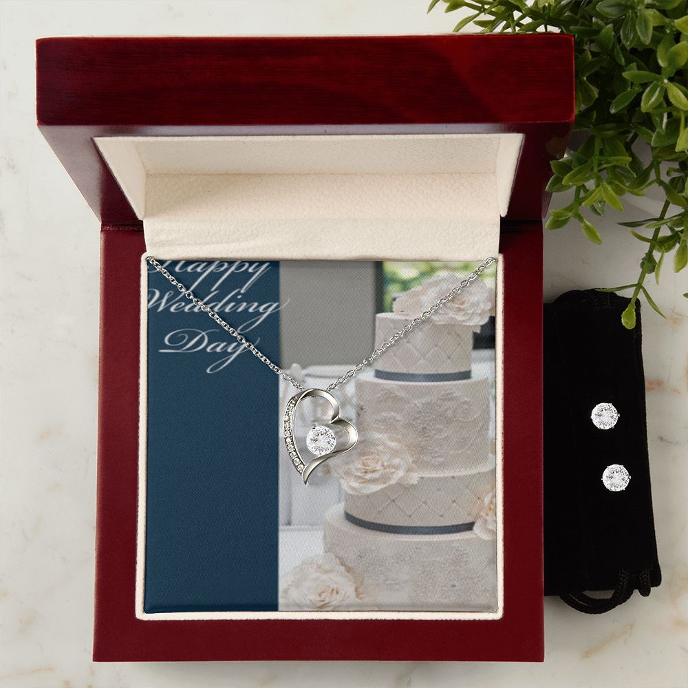 HAPPY WEDDING DAY FOREVER LOVE NECKLACE +CLEAR CZ EARRINGS