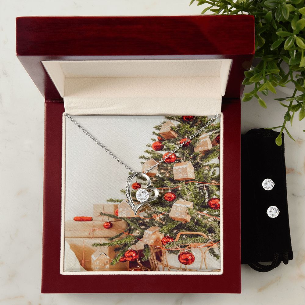 Merry Christmas Forever Love Necklace + Clear CZ Earring