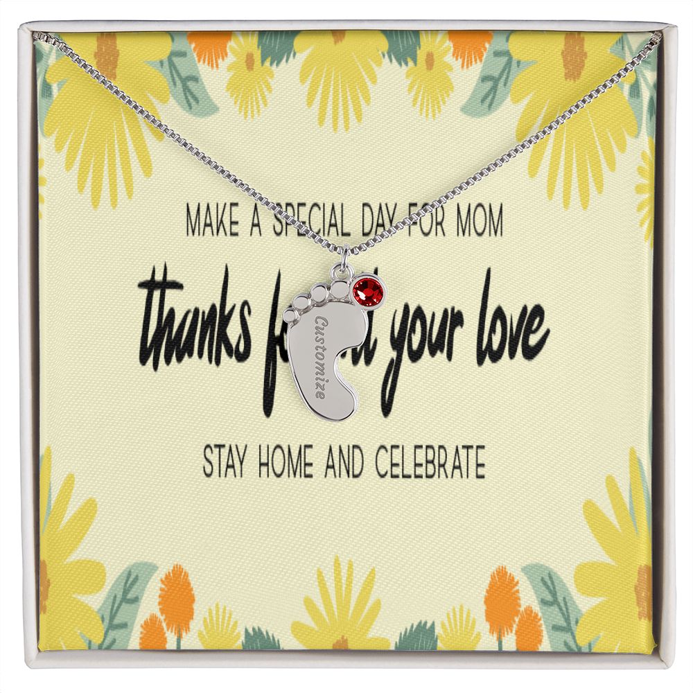 Happy Mother's Day Engraved Baby Feet and Birthstones Necklace