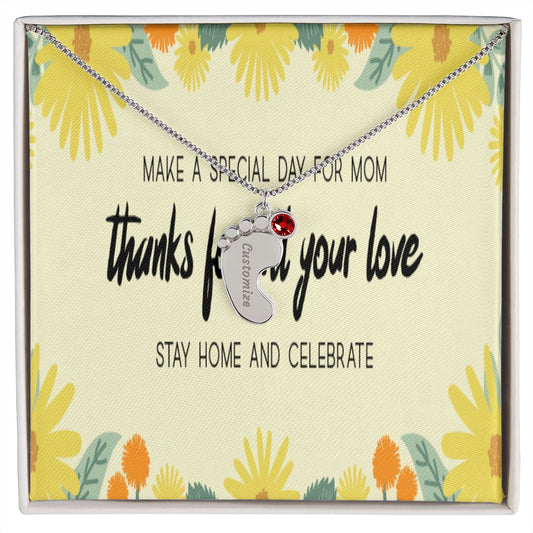 Happy Mother's Day Engraved Baby Feet and Birthstones Necklace