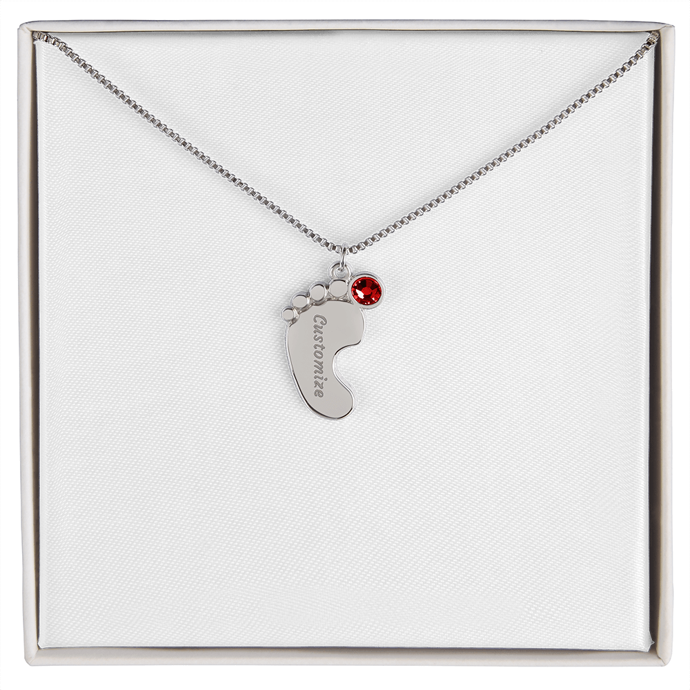 Happy Mother's Day Engraved Baby Feet and Birthstones Necklace