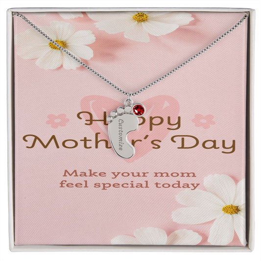 Happy Mother's Day Engraved Baby Feet and Birthstones Necklace