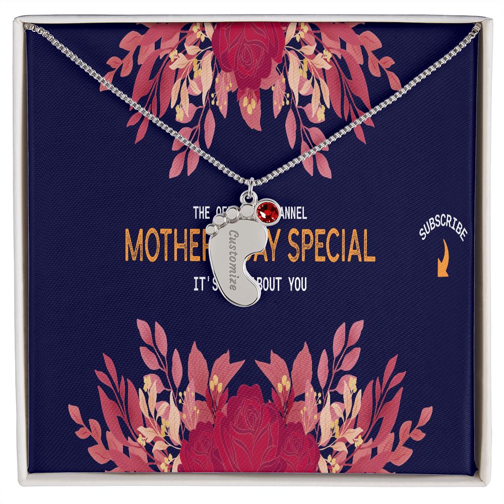 Happy Mother's Day Engraved Baby Feet and Birthstones Necklace