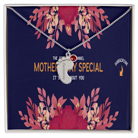 Happy Mother's Day Engraved Baby Feet and Birthstones Necklace