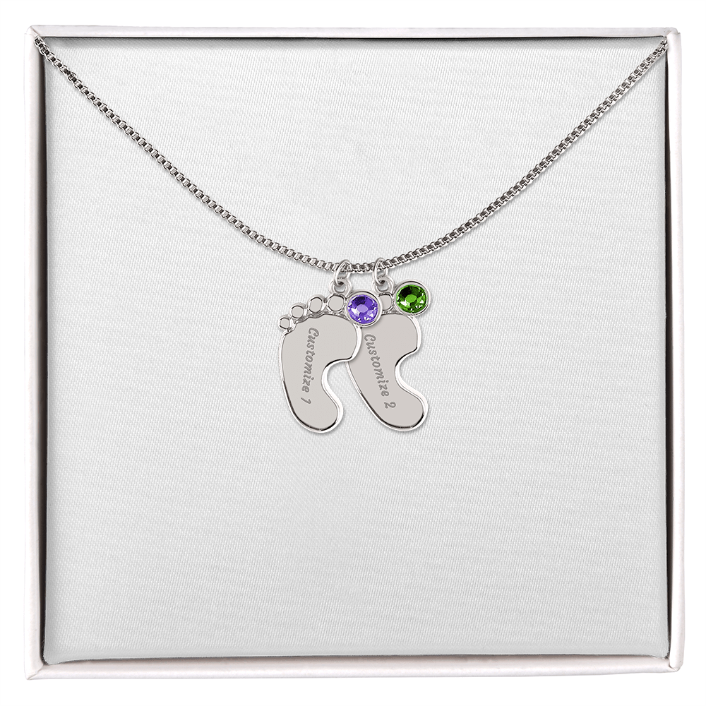 Happy Mother's Day Engraved Baby Feet and Birthstones Necklace