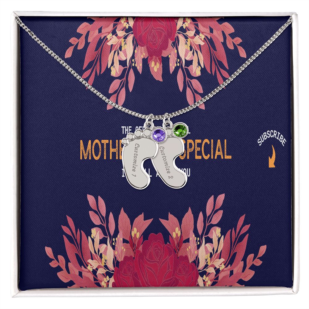 Happy Mother's Day Engraved Baby Feet and Birthstones Necklace