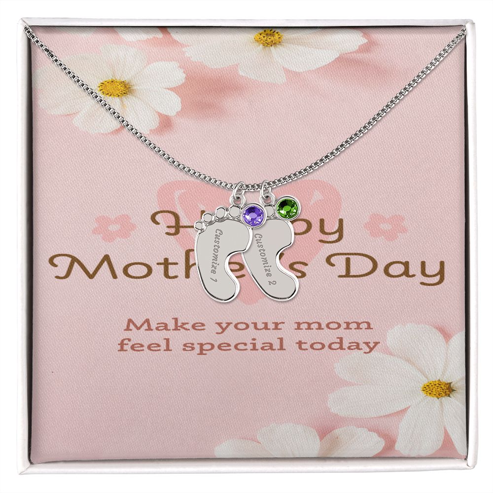 Happy Mother's Day Engraved Baby Feet and Birthstones Necklace