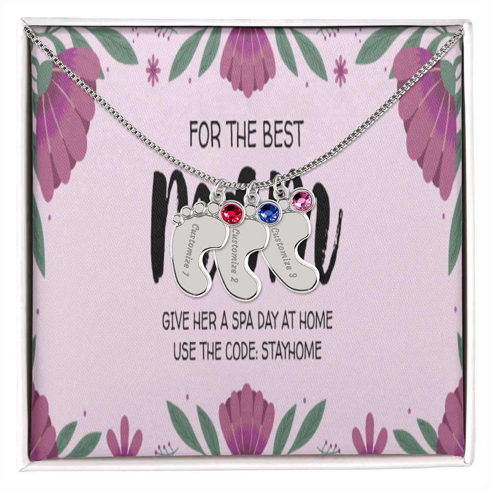 Happy Mother's Day Engraved Baby Feet and Birthstones Necklace