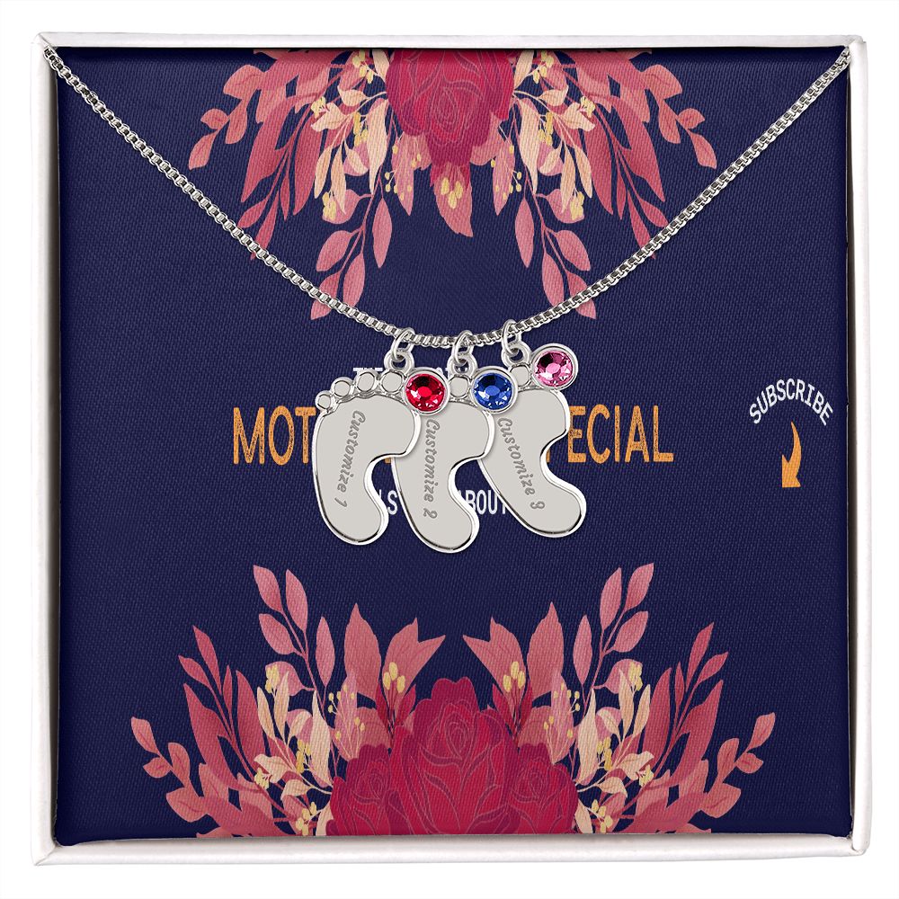 Happy Mother's Day Engraved Baby Feet and Birthstones Necklace
