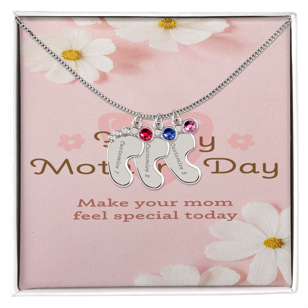 Happy Mother's Day Engraved Baby Feet and Birthstones Necklace