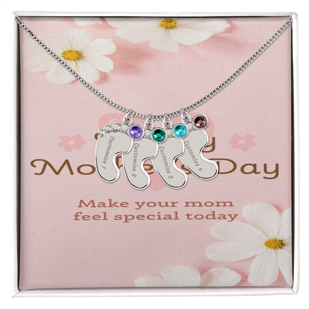 Happy Mother's Day Engraved Baby Feet and Birthstones Necklace