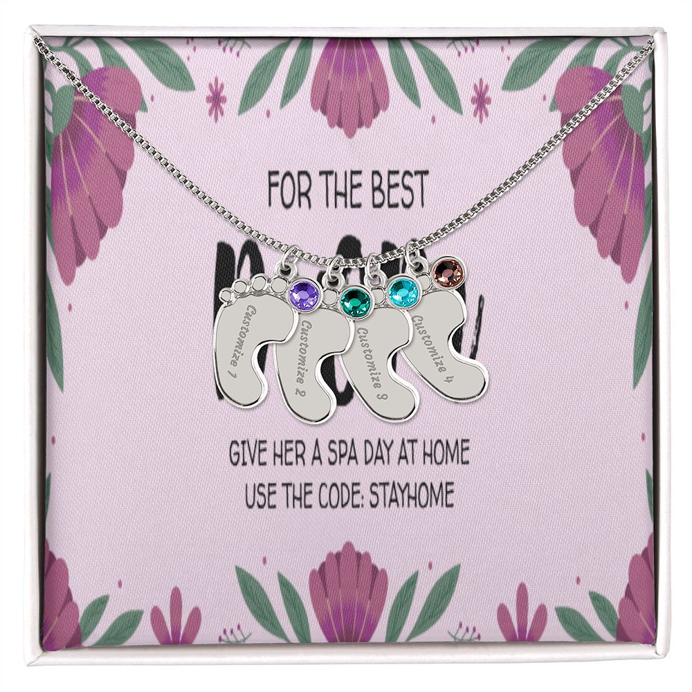 Happy Mother's Day Engraved Baby Feet and Birthstones Necklace