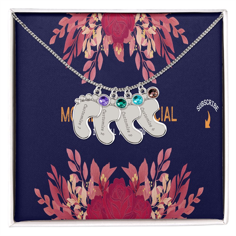 Happy Mother's Day Engraved Baby Feet and Birthstones Necklace